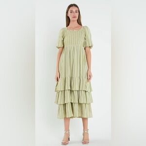 NWT English Factory Gingham Striped Multi Tiered Maxi Dress in Avocado Sz S